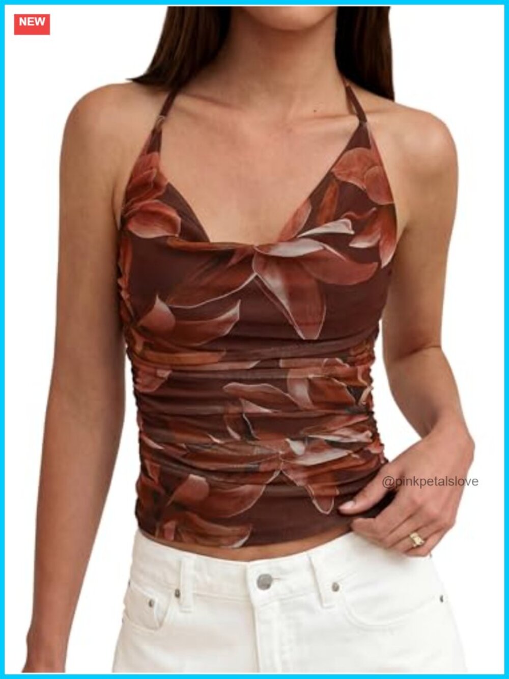 Floral Cowl Neck Halter Top Mesh Backless Y2K Going Out Boho Summer
